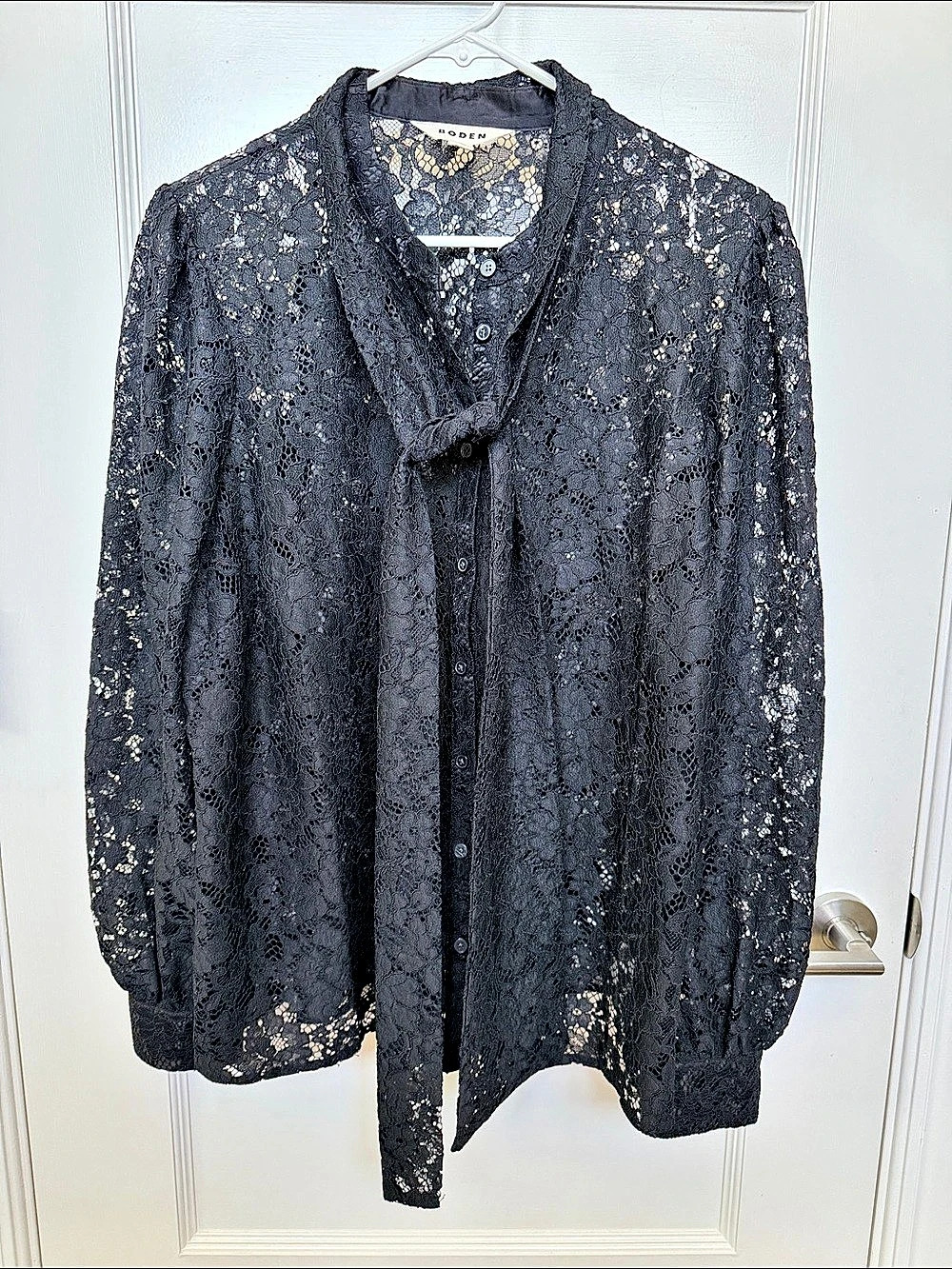 Boden Black Lace Tie Neck Top Blouse